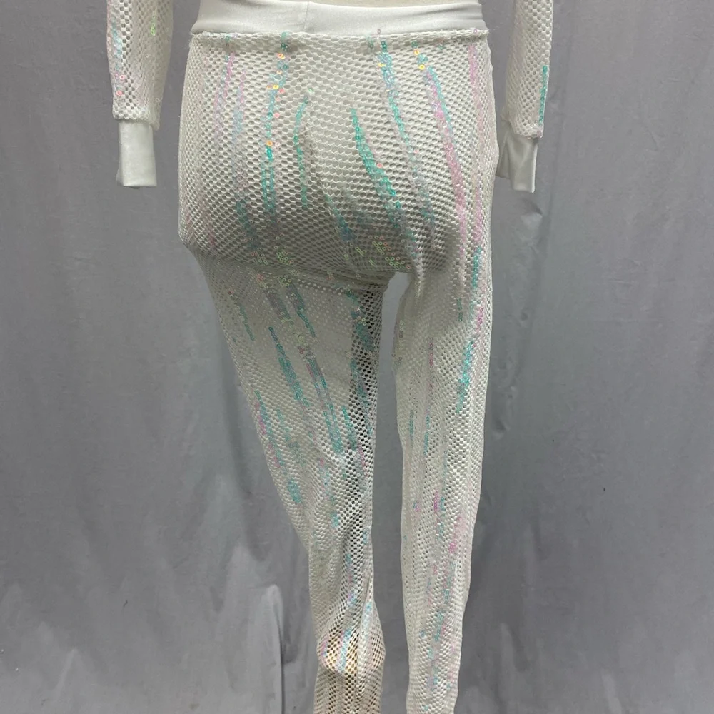 Dance costume white zip crop jacket leggings iridescent sequins size youth small